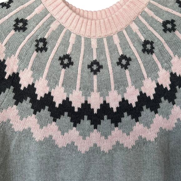 J.Crew Women's Gray + Pink Nordic Knit 100% Cotton Pullover Sweater Size Large - Picture 2 of 5